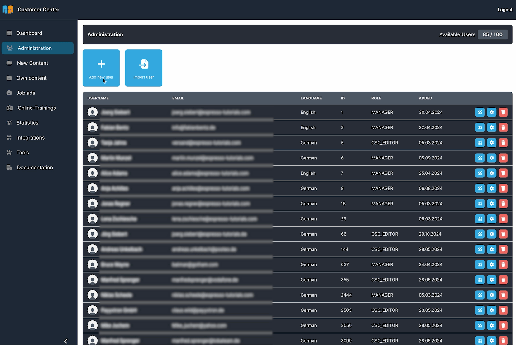 カスタマーセンターでは、迅速かつ簡単にユーザーを管理することができます。